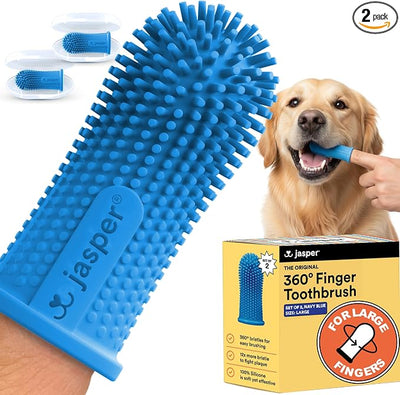 Jasper Large Dog Toothbrush, 360 Degree Pet Tooth Brushing Kit, Cat Toothbrush, Canine Dental Care & Teeth Cleaning Kit, Pet Finger Tooth Brush, Use with Dog Toothpaste, 2-Pack Navy-Blue Large