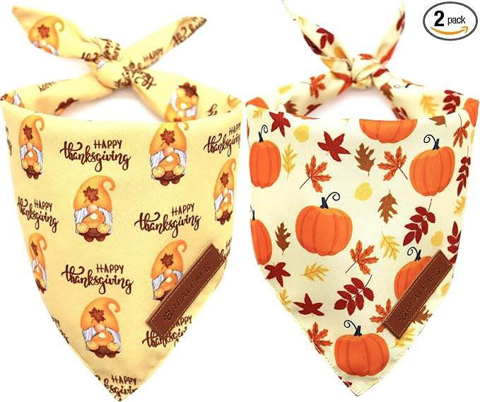 Realeaf Thanksgiving Dog Bandanas 2 Pack, Pumpkins and Happy Thanksgiving Pet Scarf for Boy and Girl, Premium Durable Fabric, Reversible Holiday Bandana for Small and Medium Dogs Pets (Small)