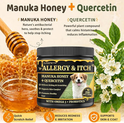 Manuka Honey for Dogs - Allergy & Itch Relief Chews - Skin Comfort & Coat Health - with Quercetin,Krill Oil,Colostrum &Probiotics - Stop Paw Licking, Soothe Itchy Ears & Yeast Balance - 150 Soft Chews