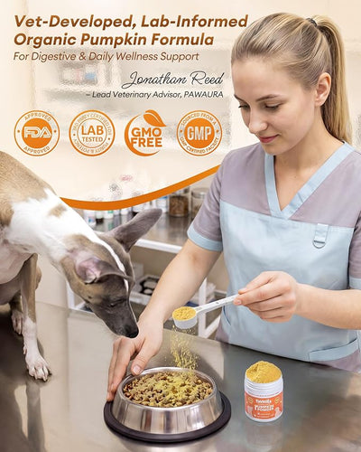 Pumpkin Powder for Dogs & Cats with 10% Apple Pectin, Natural Digestive Fiber Supplement, Fast Relief for Loose Stool, Diarrhea & Constipation, Hairball Support, Daily Pet Food Topper, 4oz