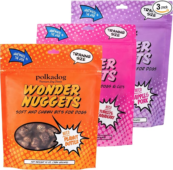 Polkadog Wonder Nuggets Variety 3-Pack Dog Treats - Peanut Butter, Turkey & Cranberry, Apple & Pork, Soft & Chewy, Limited Ingredient, Great for Training All Breeds, Made in USA - 10oz (3pk)