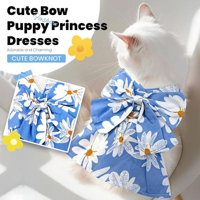 ABRRLO Cute Dog Dress Small Dog Clothes for Girls Female Puppy Outfits Blue Daisy Pet Summer Clothes Bowknot Doggy Cat Princess Dress Harness Set for Holiday Birthday Party Costume Clothing(Blue,XS)