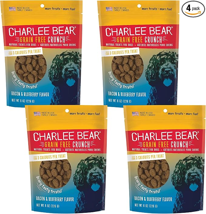Charlee Bear Crunchy Dog Training Treats, Low Calorie (3 Kcal), Grain Free Natural Mini Dog Treats for Puppies, Small, Medium & Large Dogs, USA Made, Healthy Bacon-Blueberry Flavor 8oz (4-pack)