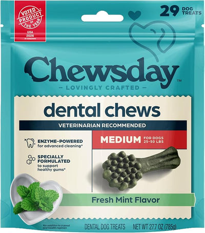 Chewsday Fresh Mint Flavor Dental Chews, Medium Dog Treats, Healthier Teeth and Fresher Breath, Enzyme Powered for Advanced Cleaning, Made in the USA, 29 Count