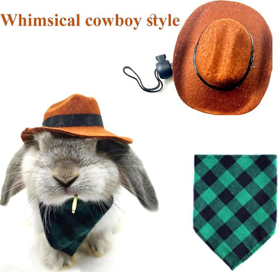 Cute Rabbit Cowboys Hat and Scarf Set, Funny Rabbits Pet Cowboy's Hat Scarf Outfits, Rabbits Dog Cat Pets Halloween Costume Hats Clothes Bunny Stuff Gifts Supplies Accessories (Coffee-Green Grid)