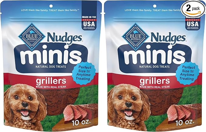 Blue Buffalo Nudges Minis Grillers Made with Real Steak, Natural Dog Treats Mineral-Enhanced for Flavor, 10 oz. Bag (Pack of 2)