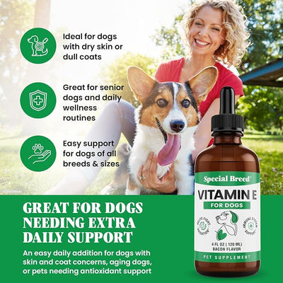 Vitamin E for Dogs Liquid 250 IU - Vitamin E Oil for Dogs Skin and Coat Support - Dog Immune Support Antioxidant Supplement - Bacon Flavor - 120 Servings - 4 oz