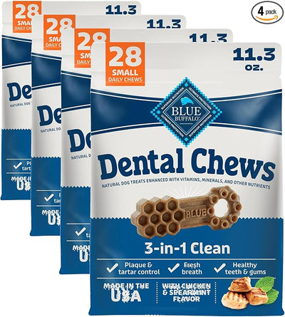 Blue Buffalo Dental Chews Small Natural Dog Treats, Chicken & Spearmint 11.3-oz Bag (28 Count) (Pack of 4)