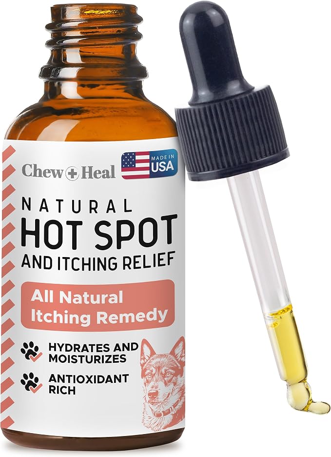 Chew + Heal Labs Natural Hot Spot Treatment for Dogs - 2 oz Soothing Oil for Hotspots and Itchy Skin with Natural Ingredients - Chlorhexidine Free - Good for Sensitive Skin - Made in the USA