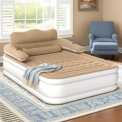 DWVO Queen Size Air Mattress with Headboard & Cup Holders, Blow Up Bed with Built-in Pump & Carry Bag, Fast Inflation Air Bed for Home, Guests & Camping, 60" x 80" x 36", Brown