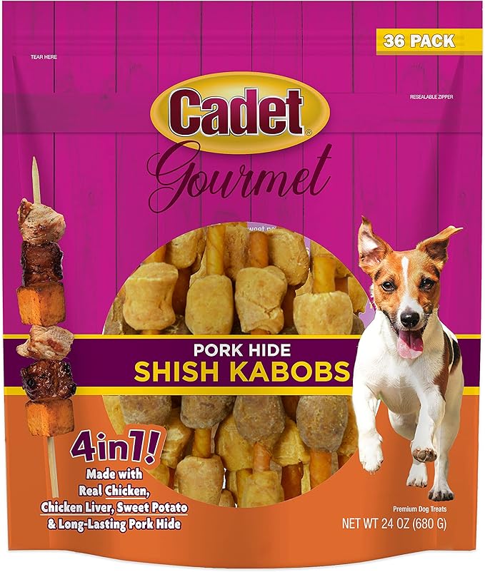 Cadet Gourmet Shish Kabob Dog Treats, Healthy Dog Chew Sticks for Dogs, Rawhide Chews with Chicken and Sweet Potato, Natural Pork Hide Twist Sticks, 5-Inch Sticks, 24 oz. Bag