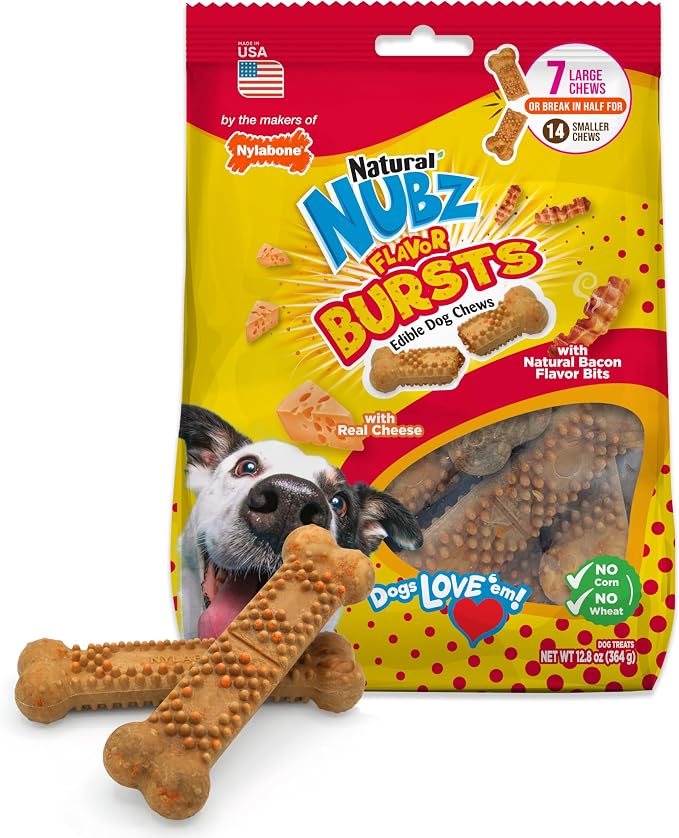 Nylabone Nubz Flavor Bursts Natural Dog Chew Treats for Small Dogs, Long Lasting Chew Bones Made in the USA, Grain-Free Dog Treats, Bacon & Cheese Flavor, for Dogs Over 30 lbs. (7 Count)
