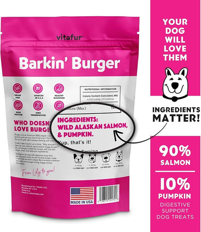 Barkin Burger Salmon & Pumpkin Dog Treats – Limited Ingredient Recipe, Digestive Support, High Omega for Skin & Coat, Sensitive Stomach Friendly, Picky Eater Approved