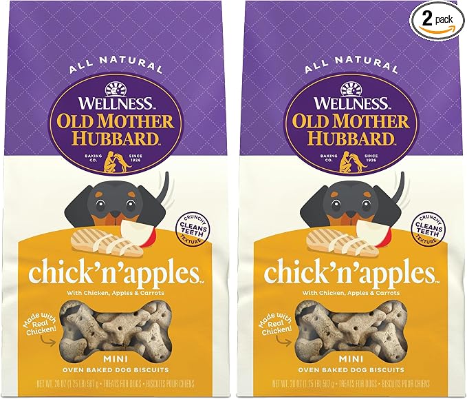 Old Mother Hubbard Wellness Classic Chick'n'Apples Dog Biscuits, Natural Training Treats, Chicken and Apple Flavor, Mini Size, 20 oz Bag, (Pack of 2)