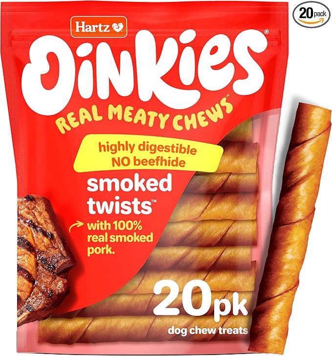 Hartz Oinkies Natural Smoked Pig Skin Twist Dog Treat Chews - 20 Pack