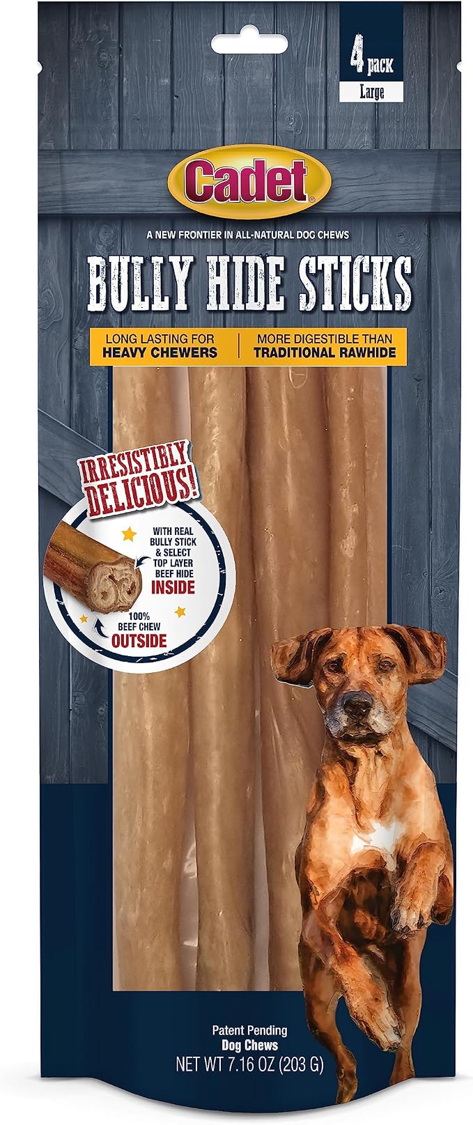 Cadet Bully Hide Sticks for Large Dogs, All-Natural Beef Pizzle, Limited-Ingredient Long-Lasting Dog Chews for Aggressive Chewers, 4 Count