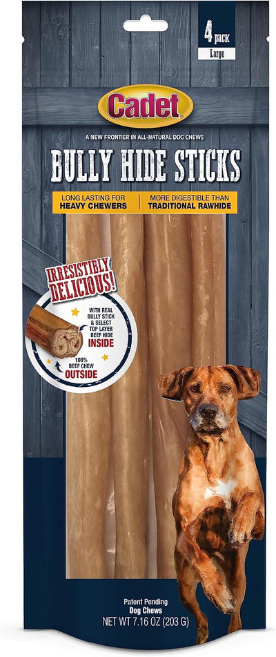 Cadet Bully Hide Sticks for Large Dogs, All-Natural Beef Pizzle, Limited-Ingredient Long-Lasting Dog Chews for Aggressive Chewers, 4 Count