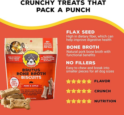 Brutus Bone Broth Biscuits for Dogs - Protein-Rich Dog Treats with Bone Broth and Real Pork & Apple - All Natural and Tasty - 8oz, Pack of 2, Pork and Apple Flavor