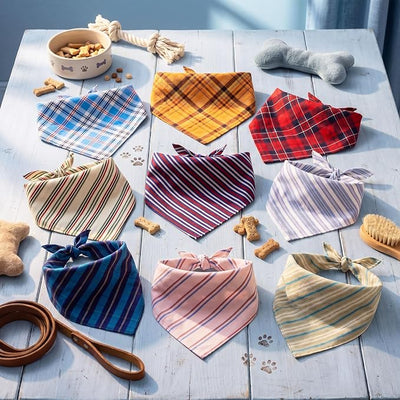 Weewooday 9 Pack Reversible Large Dog Bandanas Dual Sided Buffalo Plaid Striped Dog Triangle Bibs Washable Adjustable Pet Scarf Handkerchief Puppy Bandana for Small Medium Cats Boy Girl Daily Birthday