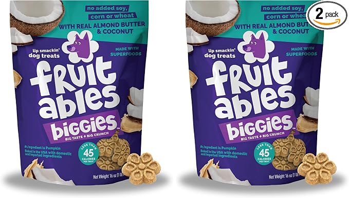 Fruitables Biggies Dog Biscuits, Pumpkin Treats for Dogs, Healthy Doggie Biscuits, Crunchy Treats, No Wheat, Corn or Soy, Made in The USA, Almond Butter and Coconut Flavor, 16oz (Pack of 2)
