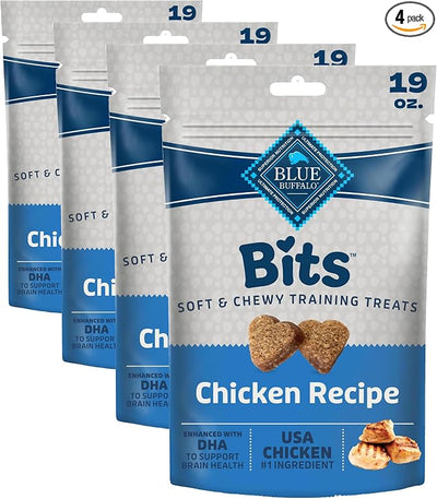 Blue Buffalo Bits Soft Dog Treats for Training, Made with Natural Ingredients & Enhanced with DHA, Chicken Recipe, 19-oz Bag (Pack of 4)