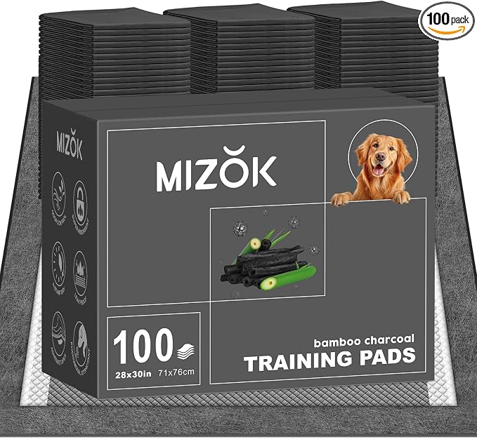 MIZOK 100 Count Pee Pads for Dogs Charcoal, 28x30in Large Wee Wee Pads for Dogs, Superior Odor Protection, Super Absorbent & Leak-Proof, Puppy Pads with Adhesive Tabs, Thick & Heavy