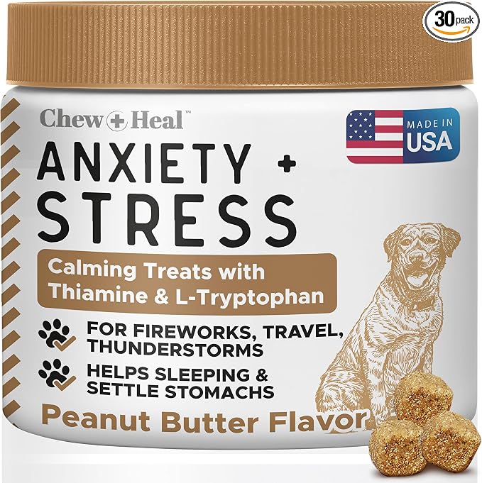 Calming Chews for Dogs - 30 Peanut Butter Melatonin Dog Sleep Aid & Calming Dog Treats with Thiamine, L-Tryptophan & Ginger