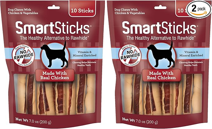 SmartBones SmartSticks, Treat Your Dog to a Rawhide-Free Chew Made with Real Chicken and Vegetables, 10 Sticks, (Pack of 2)