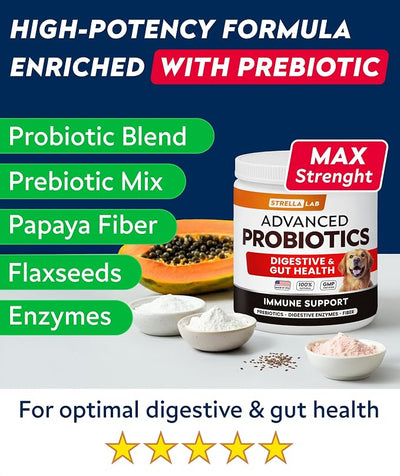StrellaLab Vet Strength Dog Probiotics Treats - 60 Billion CFU per jar + Digestive Enzymes Prebiotics - Chewable Fiber Supplement w/Pumpkin - Diarrhea, Gas, Constipation, Upset Stomach Relief