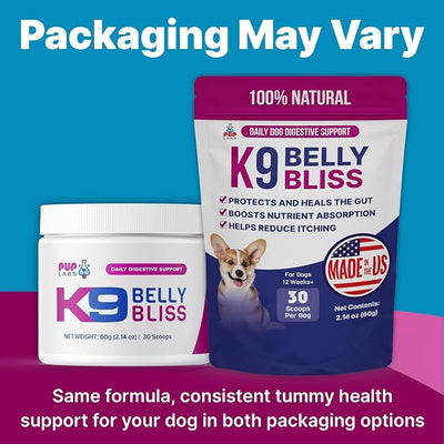 Pup Labs K9 Belly Bliss, All-Natural Gut Health for Dogs, Vet Approved Prebiotic for Dogs for Daily Digestive Support & Dog Constipation Relief, Topper for Dry & Wet Food, 6 Pack with 30 Scoops Each.