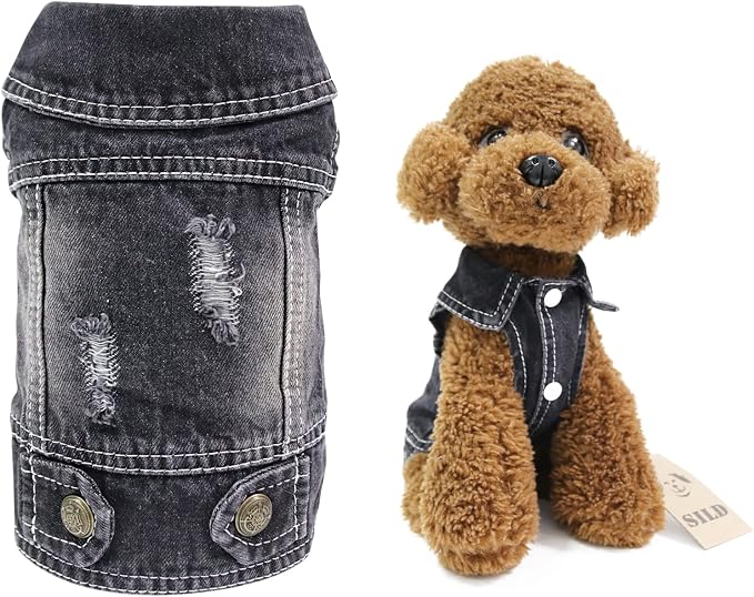 SILD Pet Clothes Dog Jeans Jacket Cool Blue Denim Coat Small Medium Dogs Lapel Vests Classic Hoodies Puppy Blue Vintage Washed Clothes (S, Black)