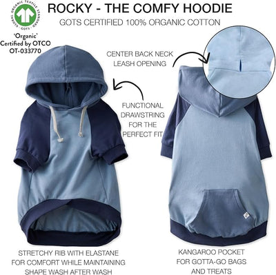 Pet Passion Rocky – The Original Lightweight Hooded Tee 100% Organic Cotton Dog Hoodie Pet Coat Sweater for All Sized Dogs, Original Navy Colorblock, X-Large (55-80 lbs)