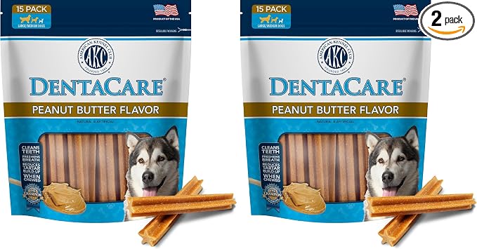 AMERICAN KENNEL CLUB Dentacare Large Breed Peanut Flavored Dental Dog Treats, Naturally Flavored, 15 Count (Pack of 2)