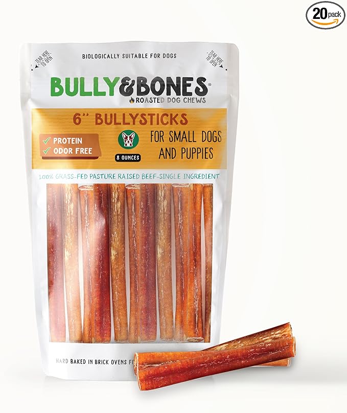 Bully & Bones 6 Inch Odor Free Bully Sticks (8 Ounces) for Small Dogs and Puppies. Healthy Single-Ingredient Beef chew Treats Crafted to Stimulate Your Dog’s Taste Buds. 6" Bully Sticks 8oz.