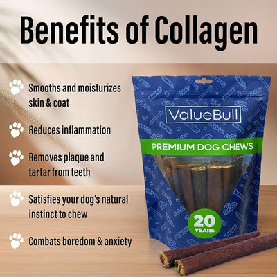 ValueBull Collagen Sticks for Small Dogs, 6 Inch Thin Chews, Natural Dog Treats, 10 Count - Supports Joints, Skin & Coat with Chondroitin & Glucosamine