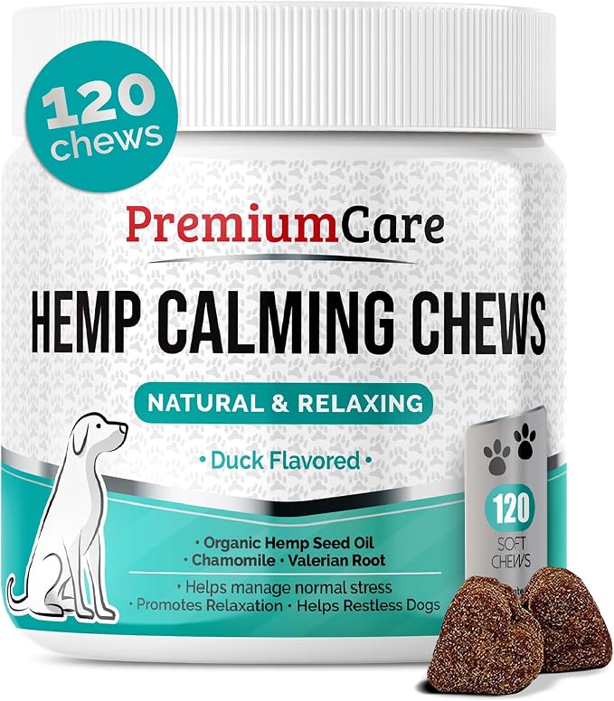 PREMIUM CARE Calming Chews for Dogs, 9.3 oz (264g), Duck Flavor, Calming Treats for Dogs, Dog Calming Chews, Dog Anxiety Chews, Anti Anxiety Relief, Valerian Root, L-Tryptophan, 120 Soft Chews