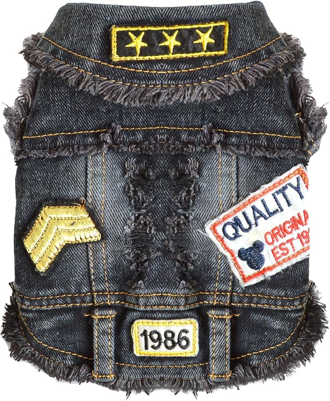 Cool Dog Jean Jacket Small Puppy Outfits Frenchie Clothes Denim Coats for Small Medium Dogs Cats Boys Girls Pet Vest Dog Shirt Clothing Doggy Costume (Black Print, XS（Suggest 2-4 lbs）)