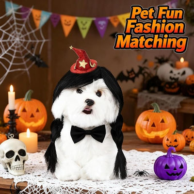 HOWWFALY Dog Costume Long Black BraidHair with Small Red Wizard Hat Styling CuteFunny Pet Hair Accessories Decoration forHalloween, Christmas, Parties