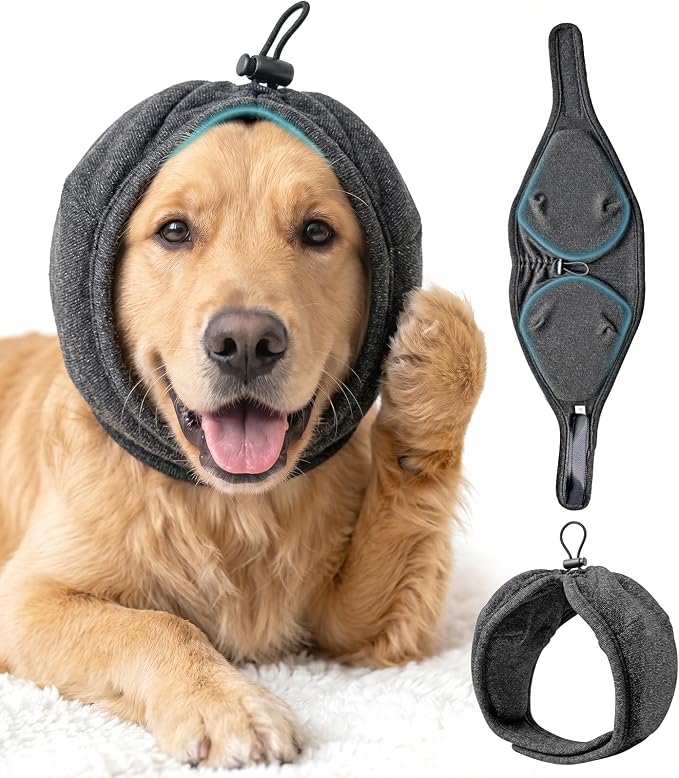 Swooflia Dog Ear Muffs Cover - Dog Cat Ears Muffs for Bath Noise Protection Calming Cold Weather Anxiety Relief, Dark Grey Large Adjustable Top for Grooming Bathing Fireworks and Travel L