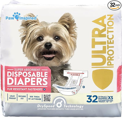 Paw Inspired 32ct Disposable Dog Diapers | Female Dog Diapers Ultra Protection | Diapers for Dogs in Heat, Excitable Urination, or Incontinence (X-Small)