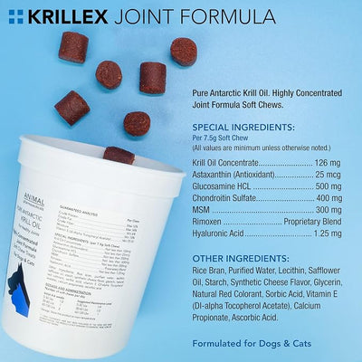 Animal Pharmaceuticals Krillex Joint Formula & Omega 3 Krill Oil for Dogs & Cats - Glucosamine for Dogs - Chondroitin, MSM, & Hyaluronic Acid for Joint Care - Cheese Flavor Chews - 60 ct, 1lb, 450g