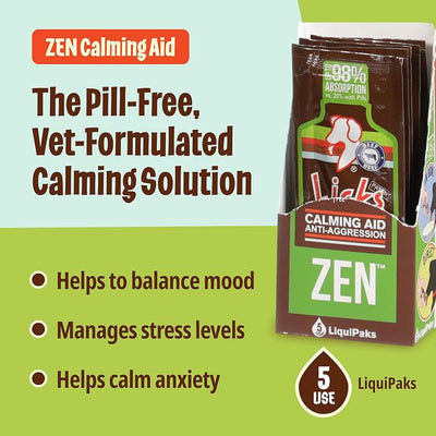 Licks Zen Calming Aid - Calm Behavior & Stress Support for Dogs & Cats - L-Theanine, Chamomile, Ashwagandha & Tryptophan - Pill-Free Gel Packets - Chicken Flavor - 5 Packets