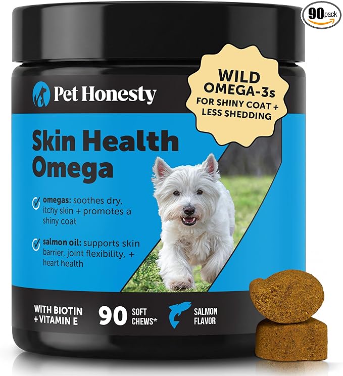 Omega 3 for Dogs Skin and Coat Supplement - Salmon Oil Fish Oil Chews for Itchy Skin Relief, Dry Skin, Shedding Control & Shiny Coat - Dog Vitamins with Biotin & Vitamin E (Salmon, 90 Ct)