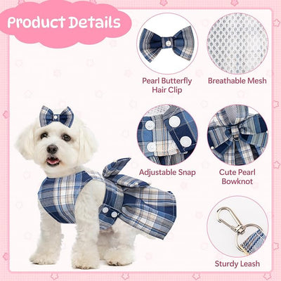 Coppthinktu Plaid Dog Dresses for Small Dogs Girl Bowknot Harness Leash Set, Cute Small Dog Dress Harness Cat Clothes Female with Pearl Bow Hair Clip, Summer Puppy Dress Yorkies Chihuahua Outfits