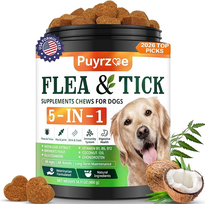 Puyrzoe 5-in-1 Dog Flea and Tick Treatment Chewable, Natural Flea and Tick Prevention for Dogs Chewable - Flea & Tick | Hip & Joint | Skin & Coat | Immunity Support | Digestive for All Breeds & Sizes