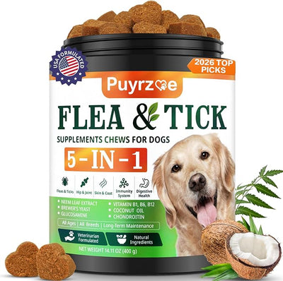 Puyrzoe 5-in-1 Dog Flea and Tick Treatment Chewable, Natural Flea and Tick Prevention for Dogs Chewable - Flea & Tick | Hip & Joint | Skin & Coat | Immunity Support | Digestive for All Breeds & Sizes