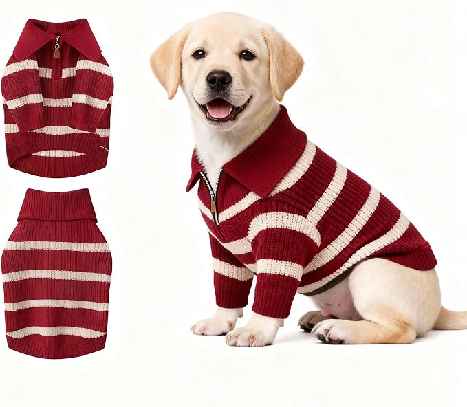 Small Dog Sweater with Zipper, Knitted Striped Pullover Dog Clothes for Cold Weather, Thick Warm Cozy Stretchy Sweater for Chihuahua, Bulldog, Dachshund, Pug(Red & White Strip, XL)