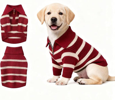 Small Dog Sweater with Zipper, Knitted Striped Pullover Dog Clothes for Cold Weather, Thick Warm Cozy Stretchy Sweater for Chihuahua, Bulldog, Dachshund, Pug(Red & White Strip, XL)