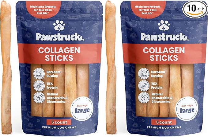 Pawstruck Natural Large 12" Beef Collagen Sticks for Dogs – Long-Lasting Rawhide Alternative, High Protein Treats with Chondroitin & Glucosamine – 10 Pack