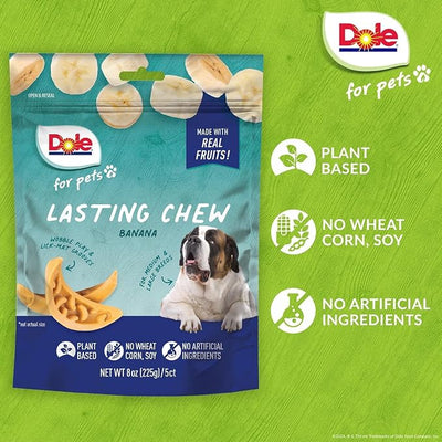 Dole for Pets Freshly Fetched Lasting Chew Banana Flavor Dog Treats, Medium and Large Breeds, No Wheat, Corn, Soy, Artificial Flavors, Colors, or Animal Products, 8 oz, 5 Chews - 6 Pack